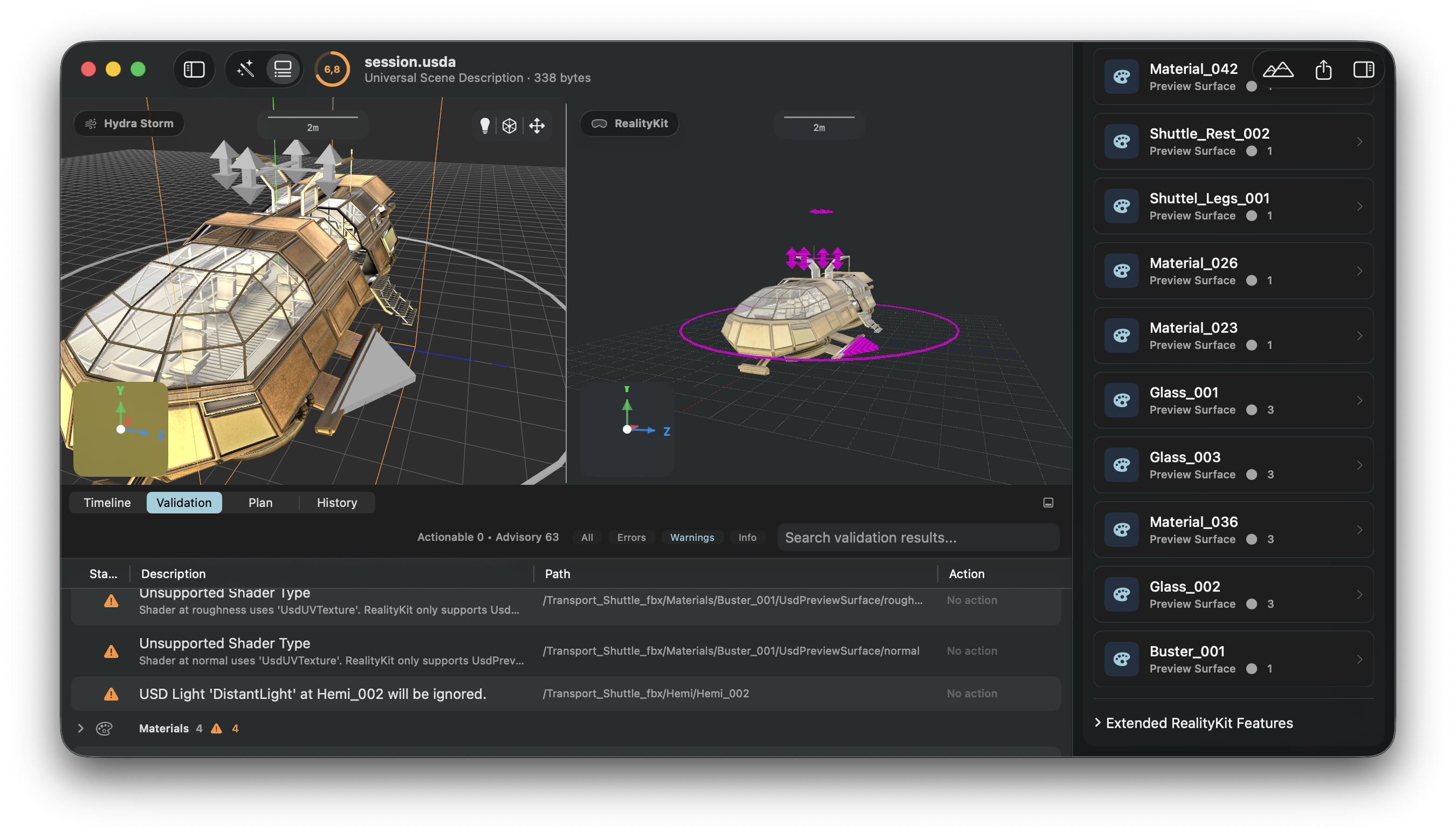 USD validation diagnostics panel
